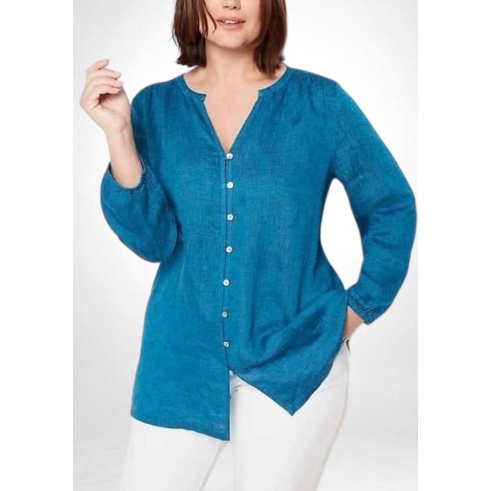 WB10 Pure Jill Linen V Neck Button‎ Front Tunic Top Teal Green Women's Petite M